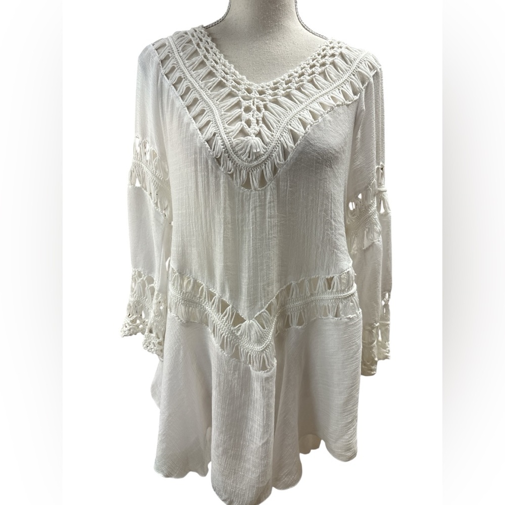LA Class Crocheted Double V-Neck Oversized White Sheer Crepe Longline Top NWT M - Picture 2 of 12